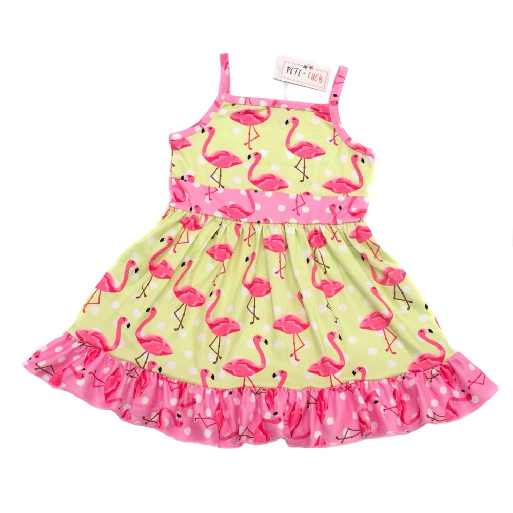 Girls Flamingo Dress in Pink and Green